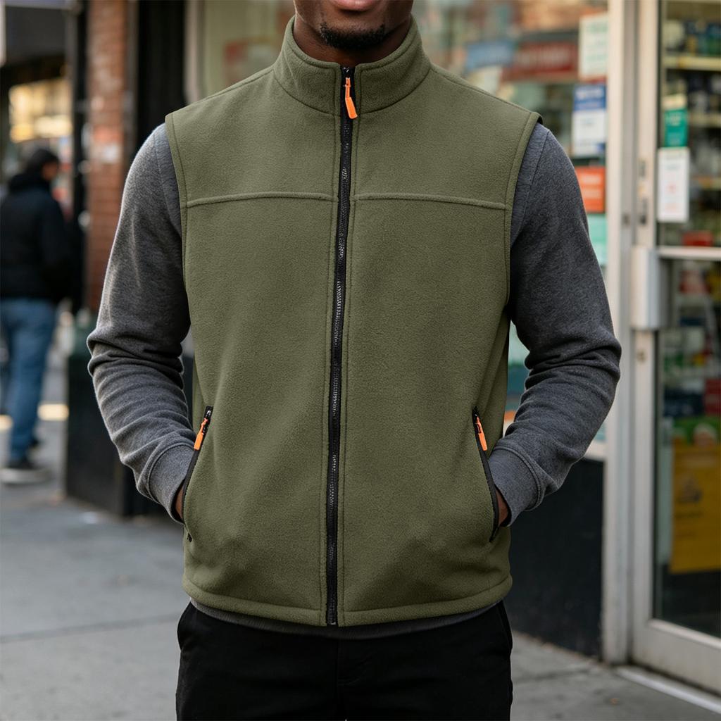 Men's Warm Casual Vest with Stand Collar and Zipper Pockets for Fall and Winter