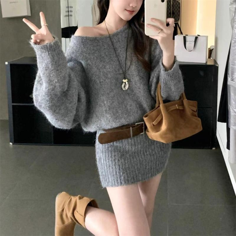 With belt slanted shoulder long sleeve knitted dress women's autumn and winter new fashion pure desire wind waist sweater hip skirt women