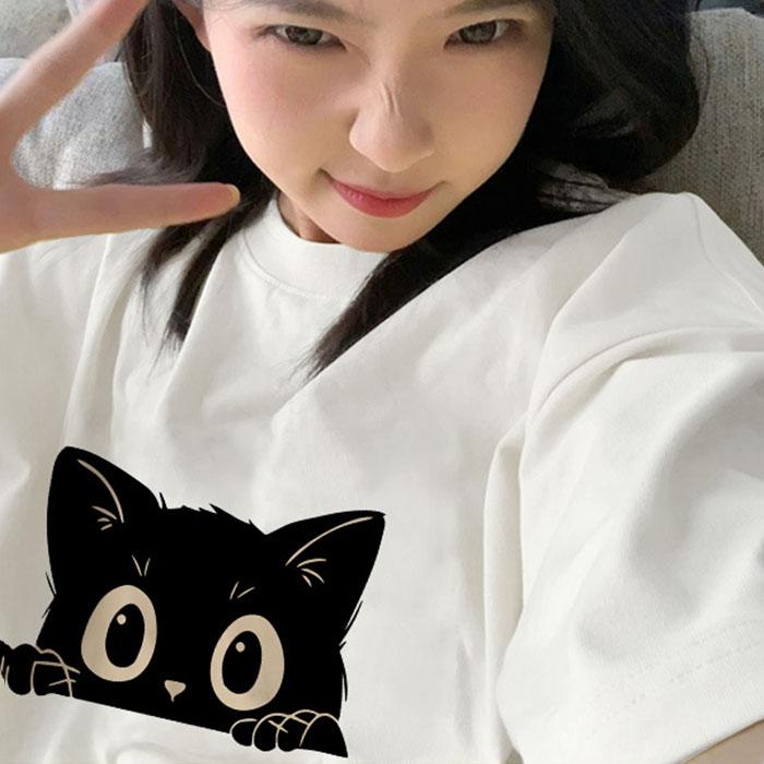 Ladies Summer Short Sleeve Round Collar Casual Black Cat Printed Teenager Oversize Cotton T Shirt Top