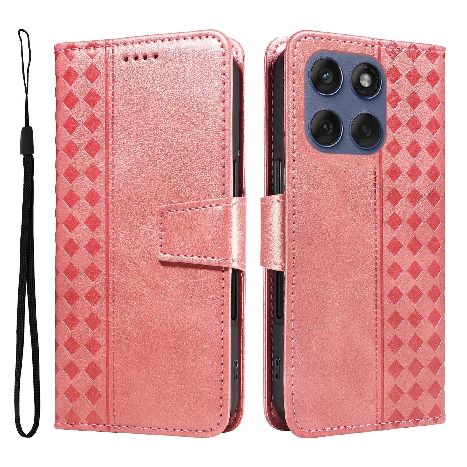 

For Motorola Edge 60 Fusion 5G Leather Case Wallet Stand Grids Imprinted Phone Cover with Strap Rose Gold