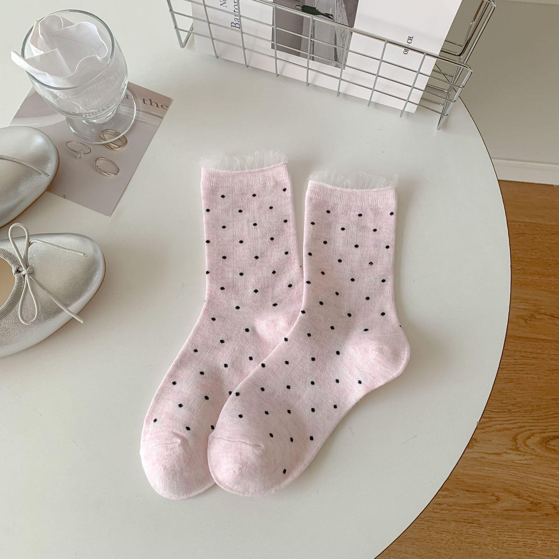 

Осенние хлопковые носки до середины икры с кружевной отделкой в горошек - Черные, Белые, Серые One Size розовый