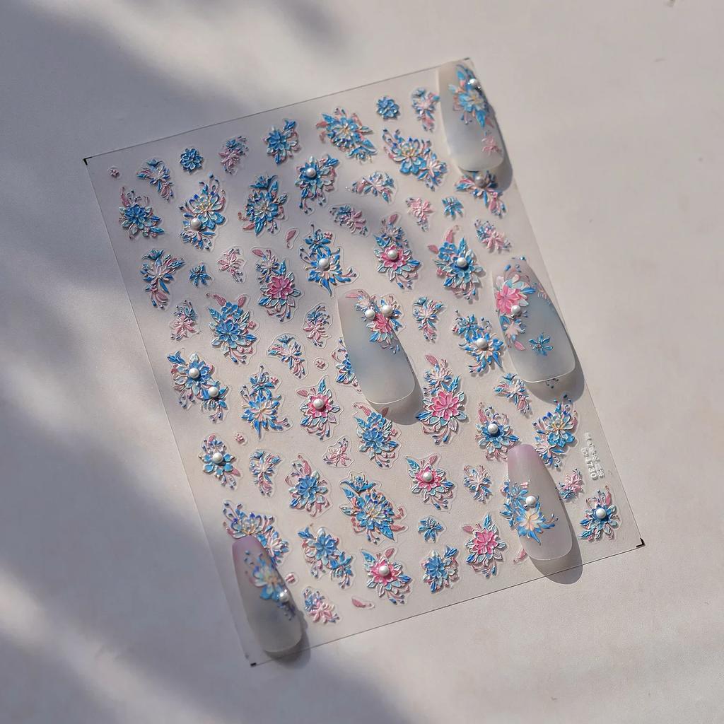 Crystal White Flower Leaves Petal Wet garden Spring Charming Elegant 5D Nail Art Stickers Rhinestone Adhesive Manicure Decals