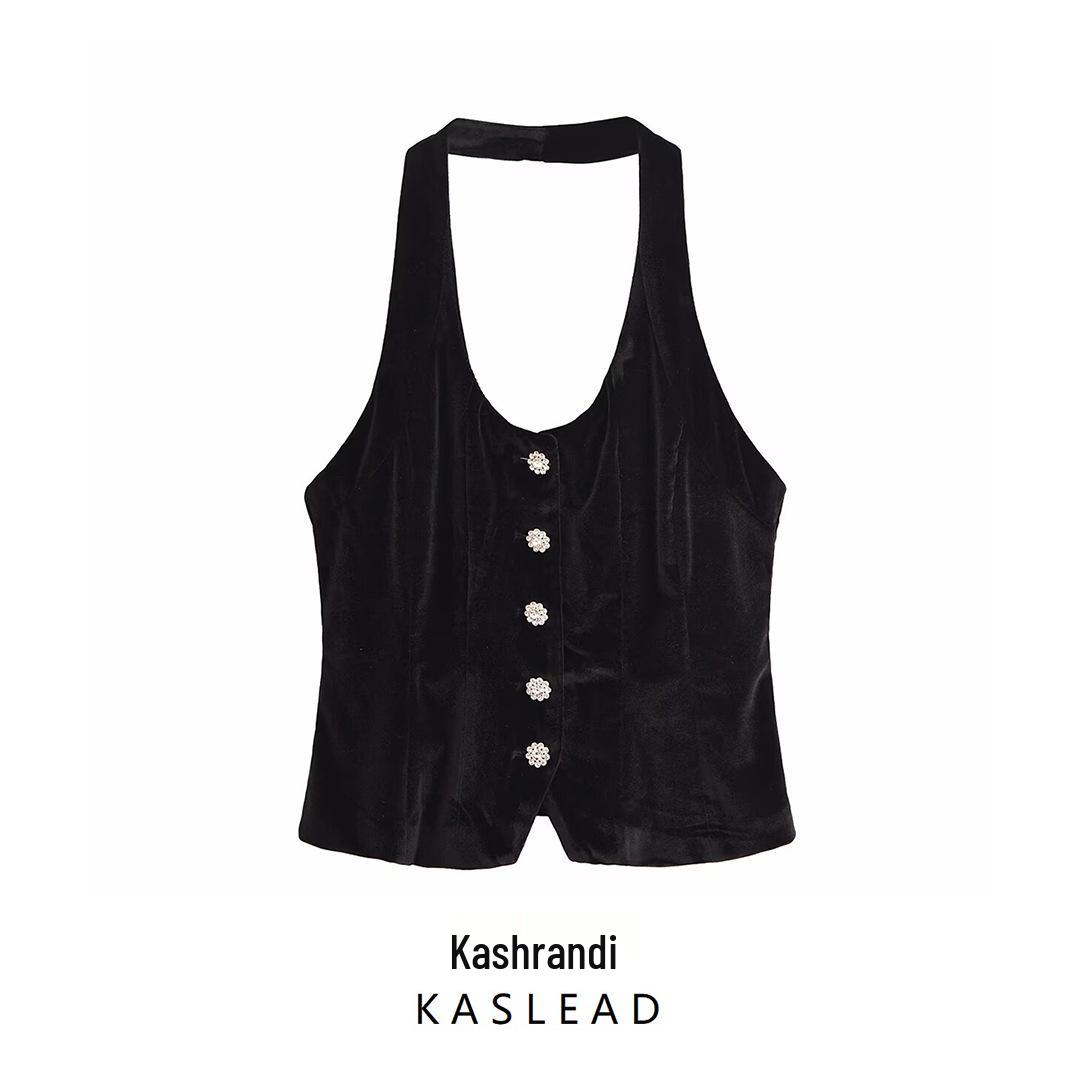 

2024 Winter Women s Fashion Velvet Vest with Gem Buttons L чорний