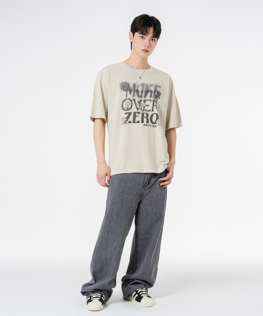 MOZMOZ Pixel Flower Oversized Pigment Short Sleeve T-Shirt Beige
