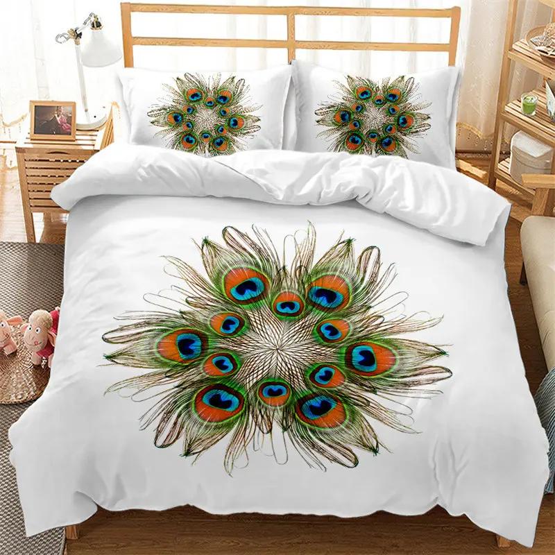 Peacock Feather Bedding Set Peacock Duvet Cover Set Single Double King For Adult Women Microfiber Comforter Cover Bedroom Decor