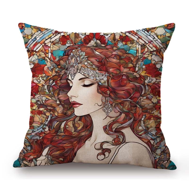 Nouveau Art Mucha Style Stained Glass Eleglant Lady Divine Witch Retro Decoration Art Sofa Pillow Case Linen Cushion Cover
