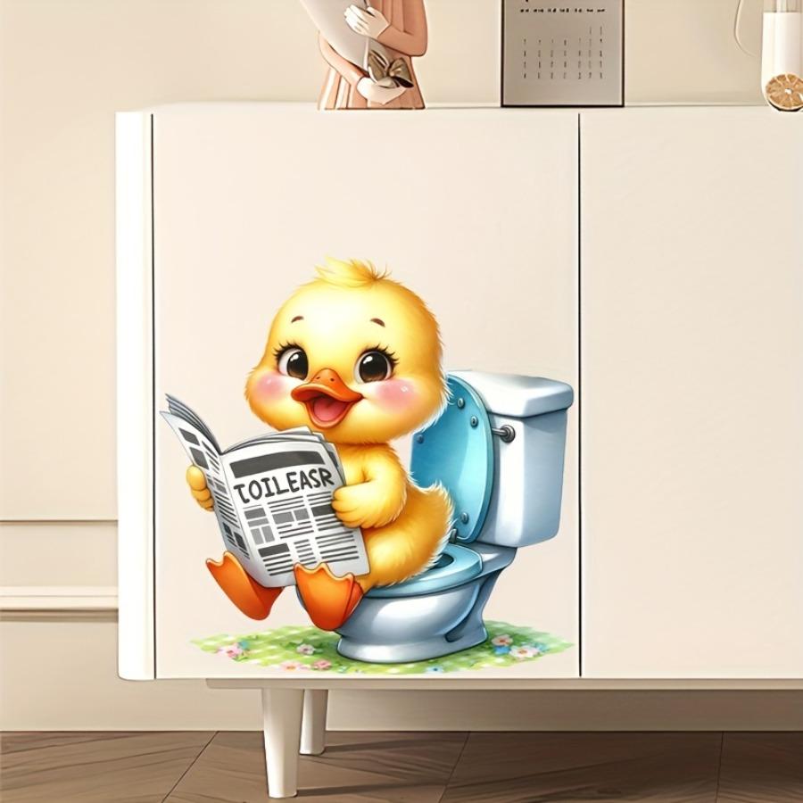 A Cute Little Duck Toilet Sticker - Bathroom Decal Featuring a Smiling Yellow Duck on a Toilet Paper Roll, Suitable for Bathrooms, Walls, And Mirrors