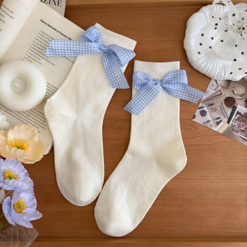 Chaussettes Hautes en Coton Pur Style Nouveau Printemps Été pour Femmes avec Dentelle et Nœud Ballet