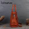 Johnature Retro Feather Embossed Handbag Genuine Leather Women Bag Large Capacity Real Cowhide Casual Shoulder Bags