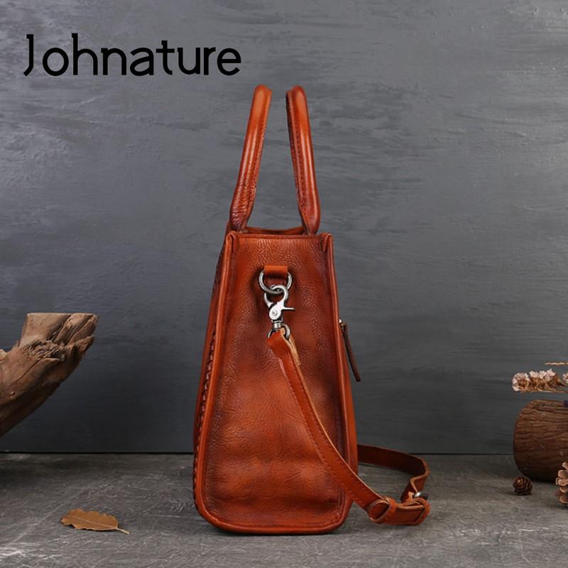 Johnature Retro Feather Embossed Handbag Genuine Leather Women Bag Large Capacity Real Cowhide Casual Shoulder Bags