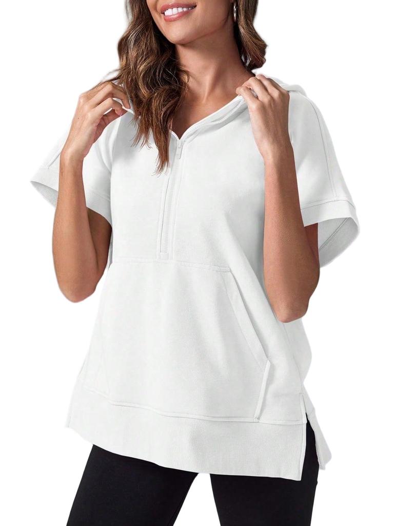 Women's Oversized Half Zip Hoodie Short Sleeve Pullover Sweatshirt Top with Pockets