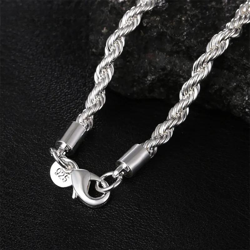 Charm 925 sterling silver Accessories 4MM 40-60cm 2PCS Rope Chain Necklace Bracelet Women Men Fashion Wedding Gift Jewelry