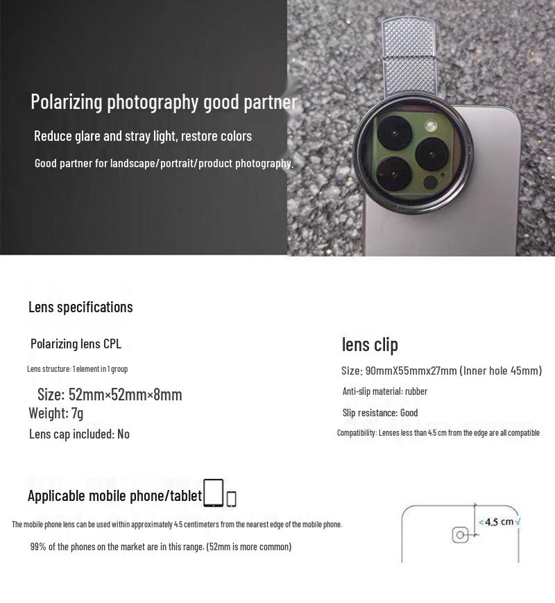 Mobile Phone 52MM Rotatable CPL Polarizing Lens Filter with Clip