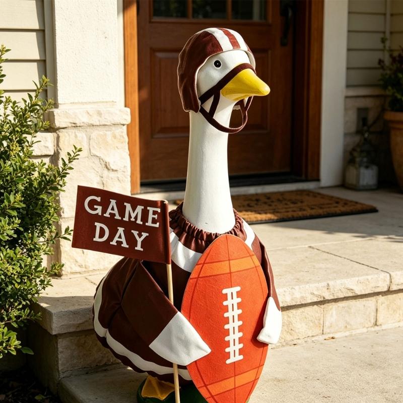 Dress a Decorative Lawn Bird for Football Season with a Helmet Headpiece and Coordinated Uniform Body Cover Costume Set