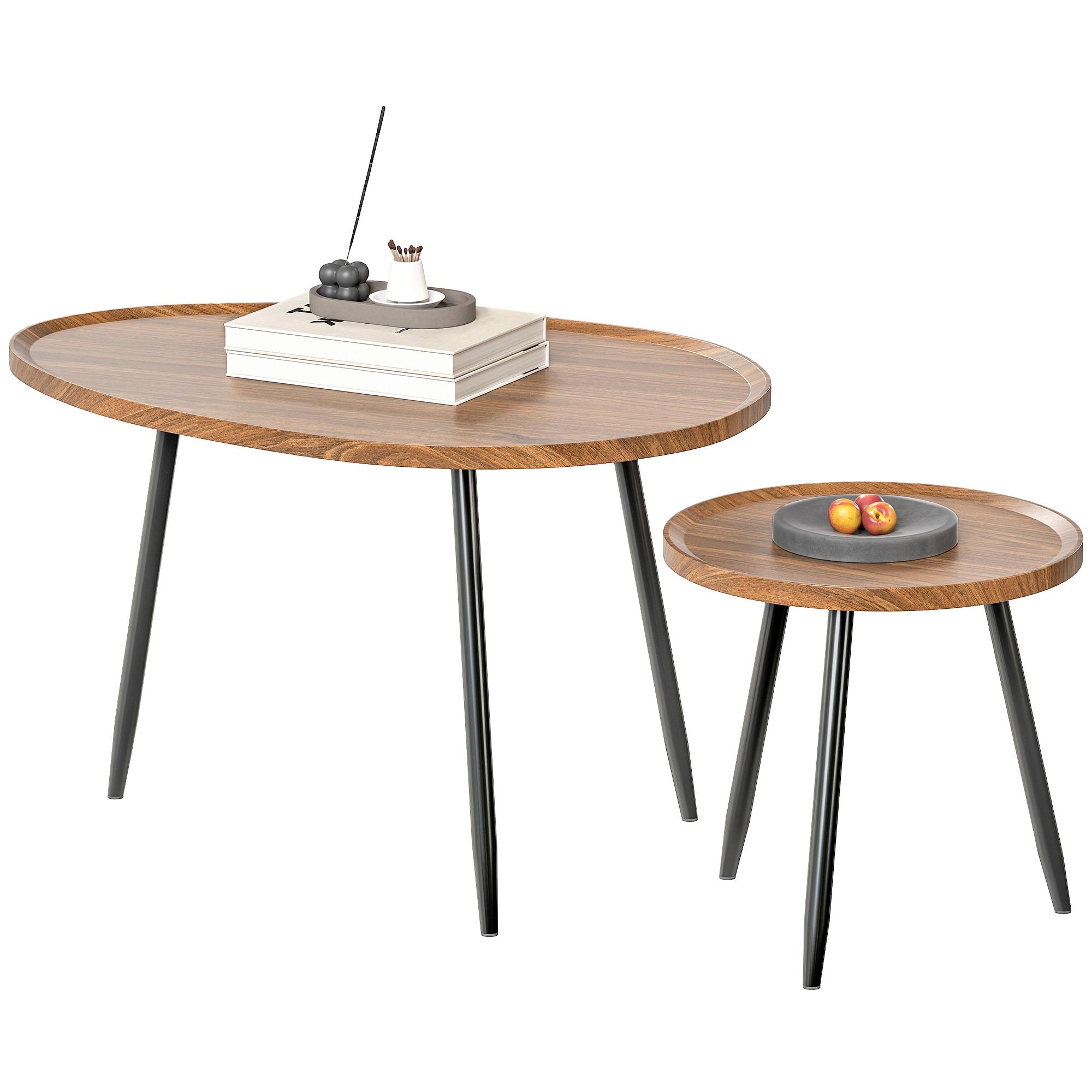 Ensemble de 2 tables basses gigognes 80 cm Moderne Empilable Table d'appoint avec pieds en métal pour salon chambre bureau Effet bois de châtaignier