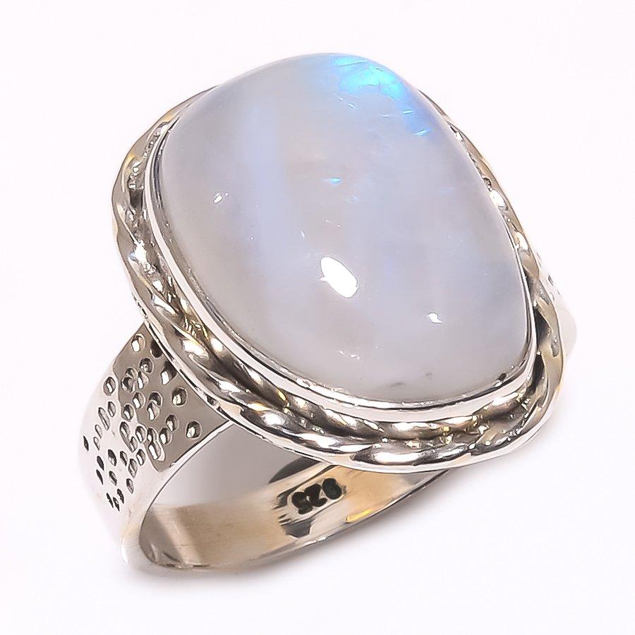 Natürlicher Regenbogen-Mondstein Edelstein 925 Massiv Sterling Silber Ring Größe 8.5 s9p31