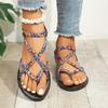 Sandali alla moda da donna bohémien con cinturino intrecciato, motivo floreale, vestibilità elastica, design open-toe, tacco piatto, tomaia e interno in tela, suola in gomma