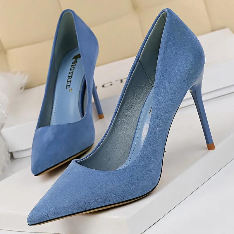 Women 9cm High Heels Pumps Stripper Flock Suede Plus Size Escarpins Lady Wedding Bridal Heels Escarpins Green Blue Yellow Shoes