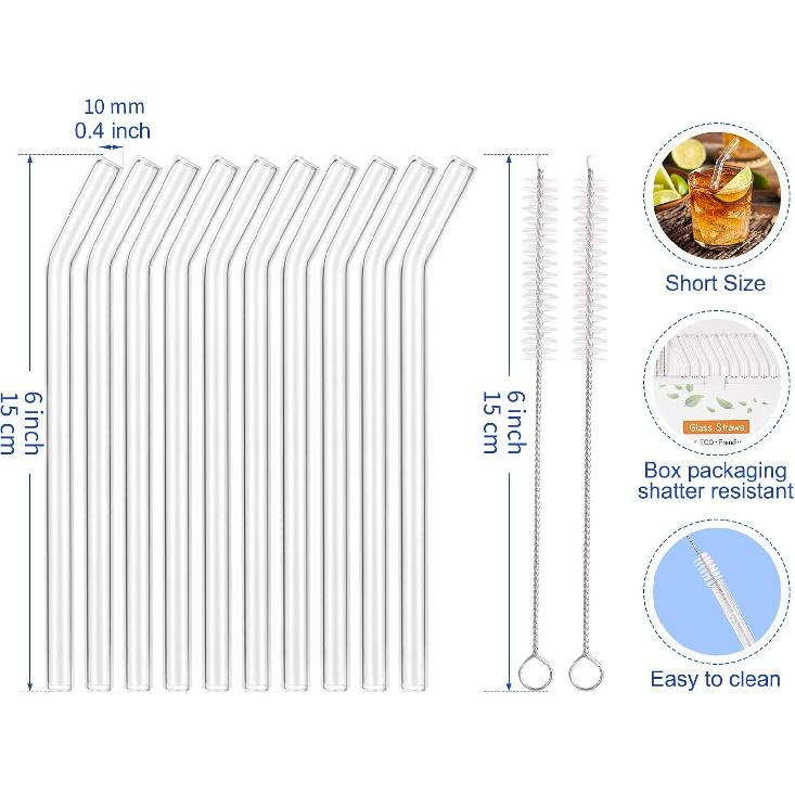 [10 Pcs] Reble Short Bent Glass Straws - 6" x 10 mm Clear Glass Straws Shatter Resistant Cocktail Straw With 2 Cleaning Brushes for