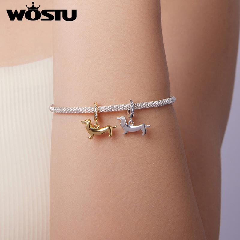 WOSTU 925 Sterling Silver Dachshund Pendant Necklace 18K Gold Pet Paw Chain Link Dog Charm Bracelets Earrings Ring For Pet Lover
