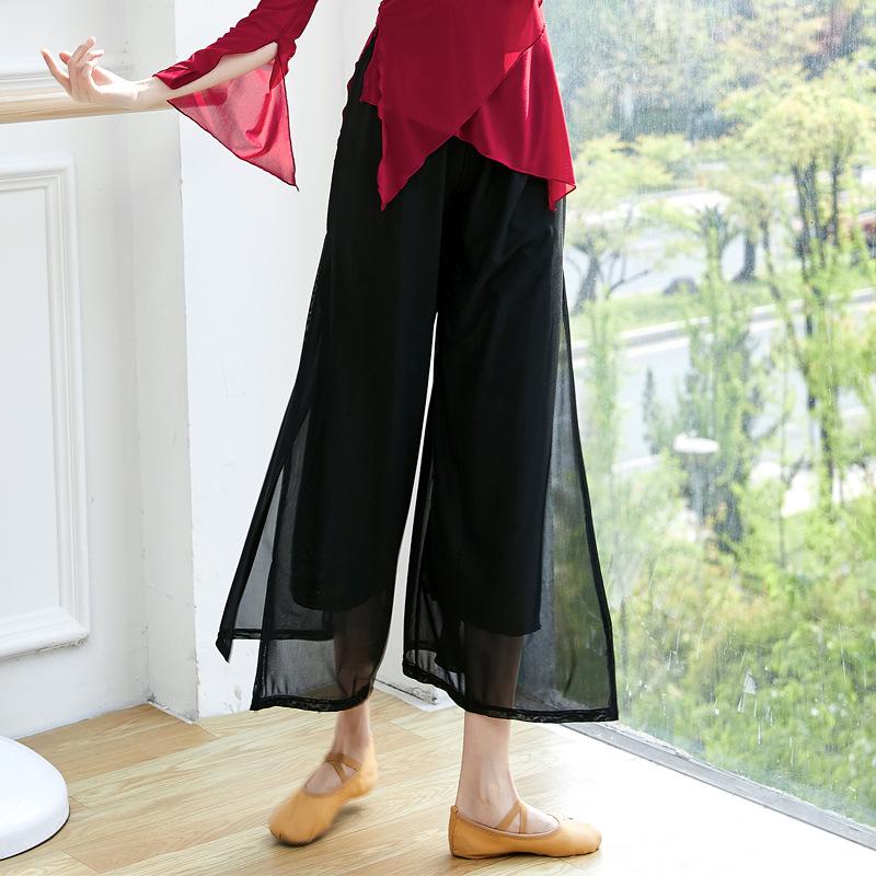 Women's Modern Ethnic Jazz Mesh Wide-Leg Dance Pants with Flowy Slits