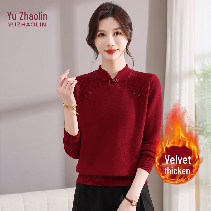 

YUZHAOLIN Women s New Chinese Style Fleece-Lined Stand Collar Knit Sweater 2XL