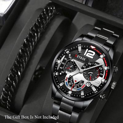 2PCS Set Fashion Business Men Wristwatch Luxury Mens Stainless Steel Pointer Quartz Wrist Watch for Male Bracelet