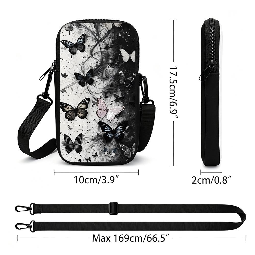 Monochrome Butterfly Print Crossbody Phone Bag, Aesthetic Black and White Floral Christmas Gift, Trendy Small Shoulder Pouch for Women Holiday Party D