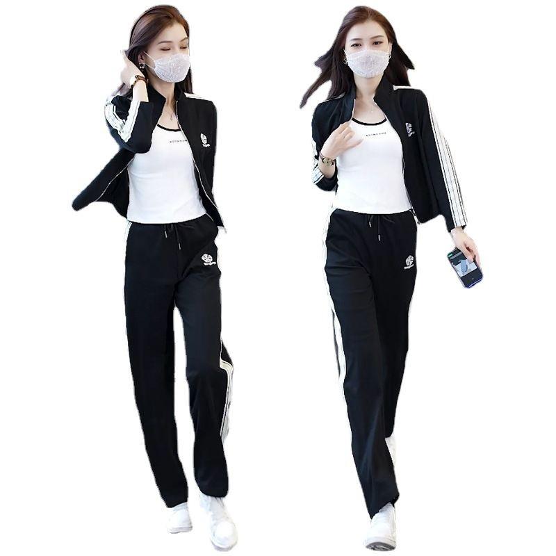 Damski dwuczęściowy strój jesienny 2025 w koreańskim stylu, szykowny: Garnitur: Kurtka ze stójką i spodnie z szerokimi nogawkami