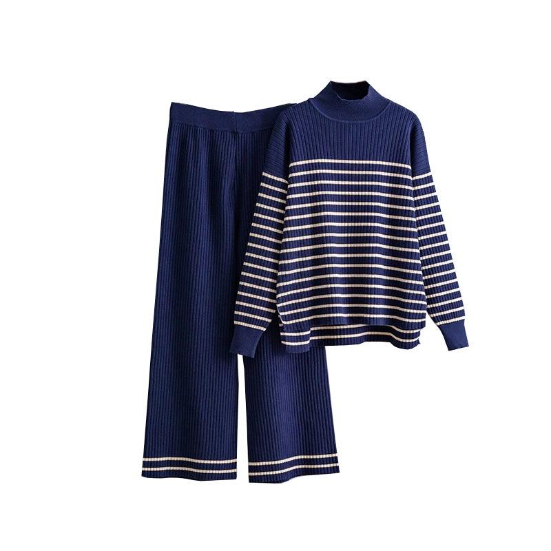 Set Autumn and winter new striped slit long-sleeved knitted sweater wide-leg pants two-piece set for women