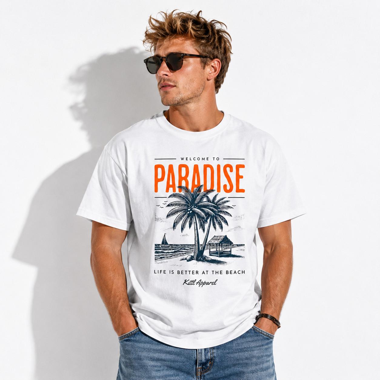 Tropical Beach Paradise Palm Tree Graphic Men’s T-Shirt Summer Vacation Tee S