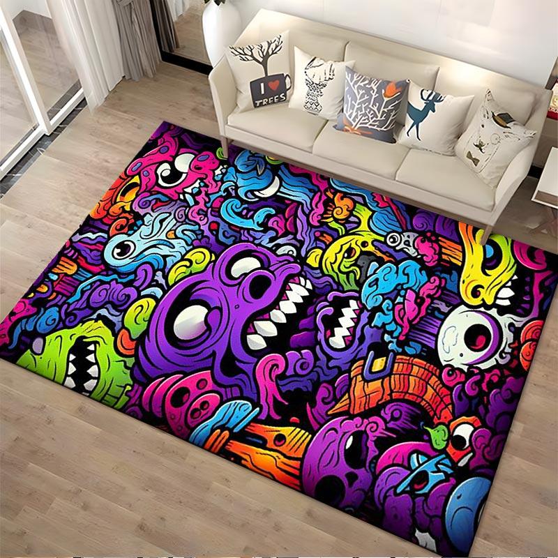 Colorful Cartoon Monster Faces Carpet with Vibrant Abstract Design Suitable for Use As an Anti-slip for Living Room Bedroom Sofas