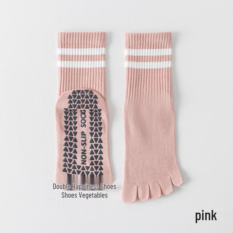 

Women s Striped Five-Finger Yoga & Pilates Non-Slip Mid-Calf Cotton Socks One Size розовый
