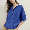 Women V Neck Button Front 3/4 Sleeve Cotton Linen Top Loose Fit Casual Blouse Lightweight Breathable Shirt for Daily Wear