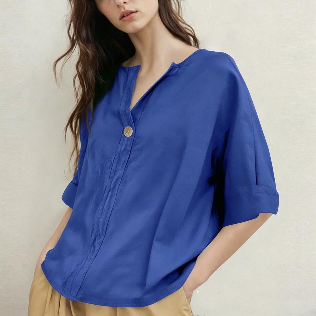 Women V Neck Button Front 3/4 Sleeve Cotton Linen Top Loose Fit Casual Blouse Lightweight Breathable Shirt for Daily Wear