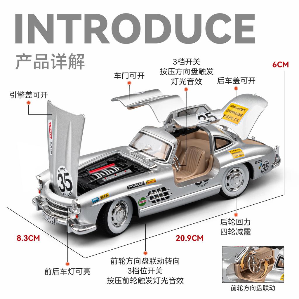 1:24 Mercedes Benz 300SL Flügeltürer W198 Nr.35 Klassischer Rennwagen Legierung Metall Druckguss Modellauto Ton und Licht Rückziehmotor Spielzeug Geschenk