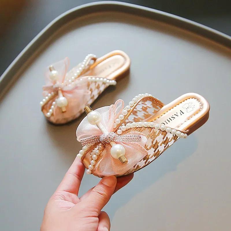 Girl's Lace Mesh Peep Top Flats 2024 Summer New Fashion Children Soft Simple Pearl Bow Covered Toes Princess Shoes for Vacation