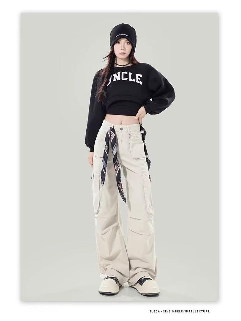 Women's Early Spring Apricot Cargo Jeans: New Design, Multi-Pocket, Loose, Wide-Leg, Floor-Length