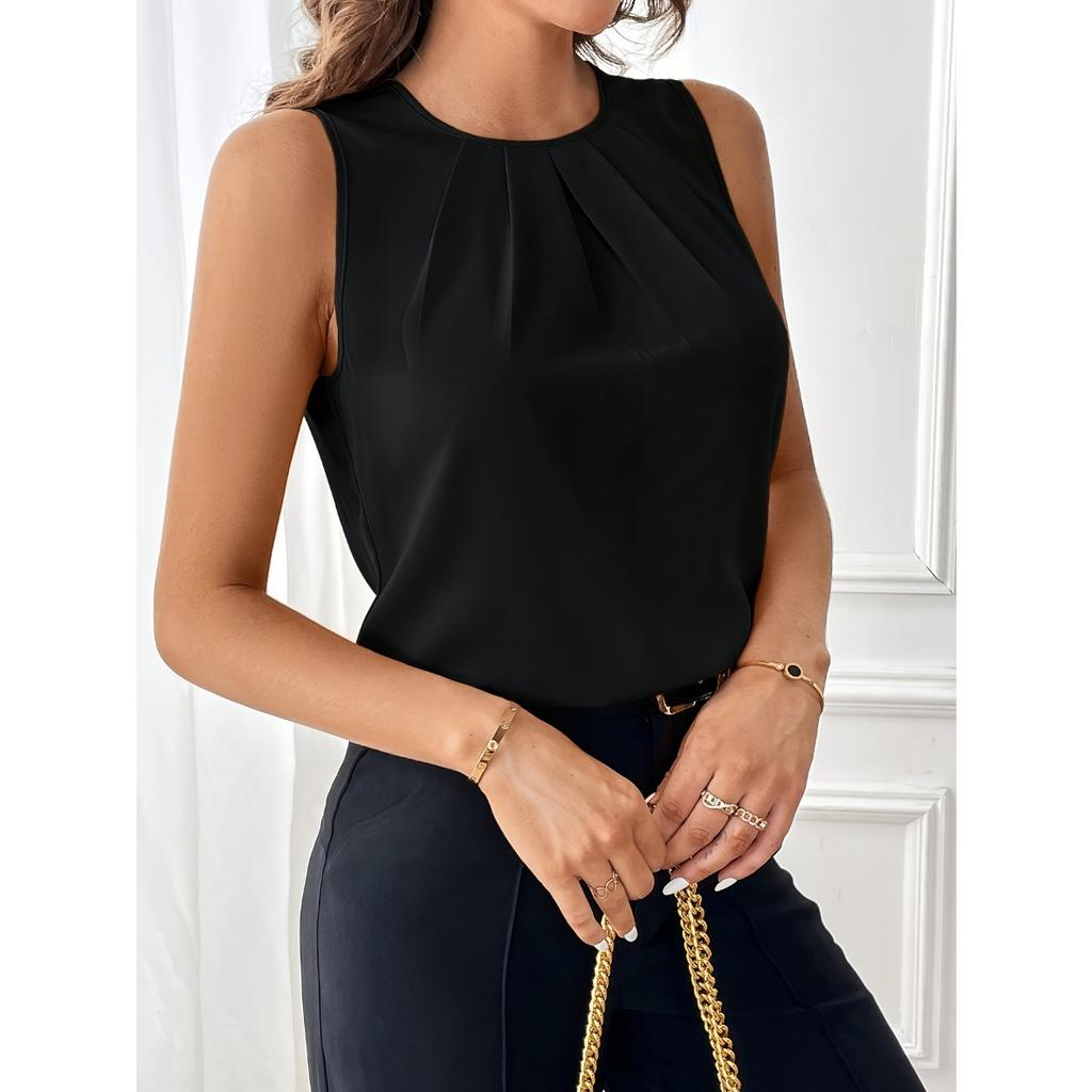 Women's Elegant Solid Color Crew Neck Tank Top, 100% Polyester Non-Stretch Woven Fabric, Fashionable Top for All Seasons