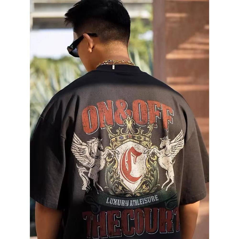 American Street Retro Printing T-shirt Short Sleeve Small Neckline Heavy Men's and Women's Pure Cotton T-shirt