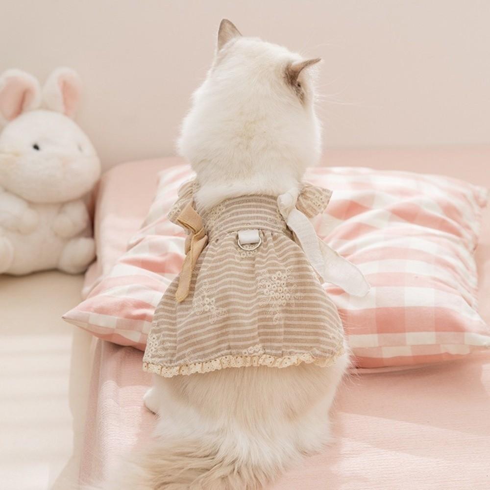 New Japanese-Style Small Dog Dress Bow Tie Striped Pattern Pet Dresses Lace Embroidery Flower Dog Clothes Spring Decor