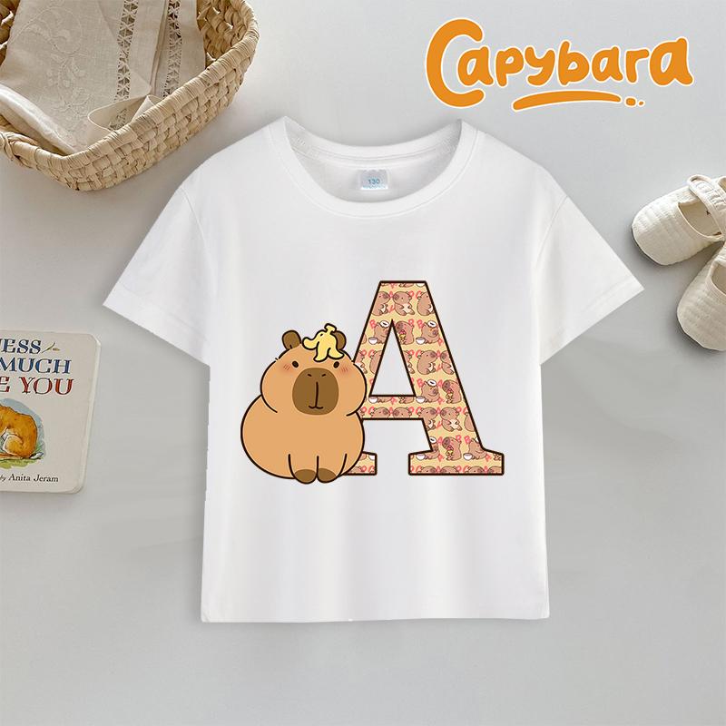Tričko kapybara Potisk písmen A-Z Top Roztomilý Kreslený Anime Chlapecké Dívčí Oblečení Bavlna Kulatý Výstřih Kojenecké Krátký Rukáv Venkovní Oblečení