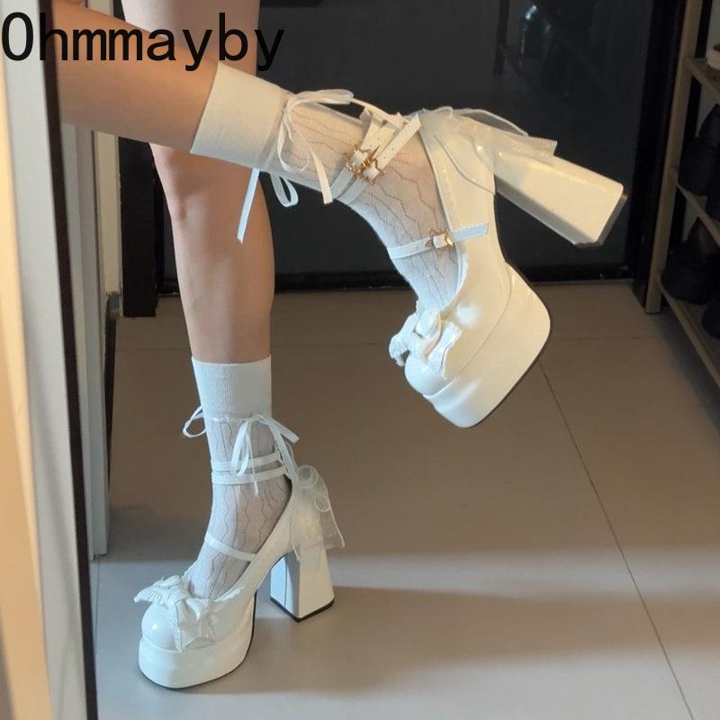 Platform High Heel Women Lolita Pumps Fashion Shallow Butterfly-knot Shoes Ladies Party Dress Cross Strap Mary Jane Shoes