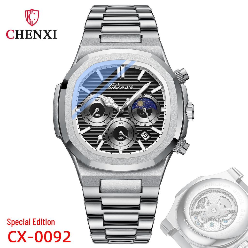 CHENXI Men's Multifunctional Chronograph Watch with Triple Eye Calendar, Luminous Steel Band, and Transparent Back.