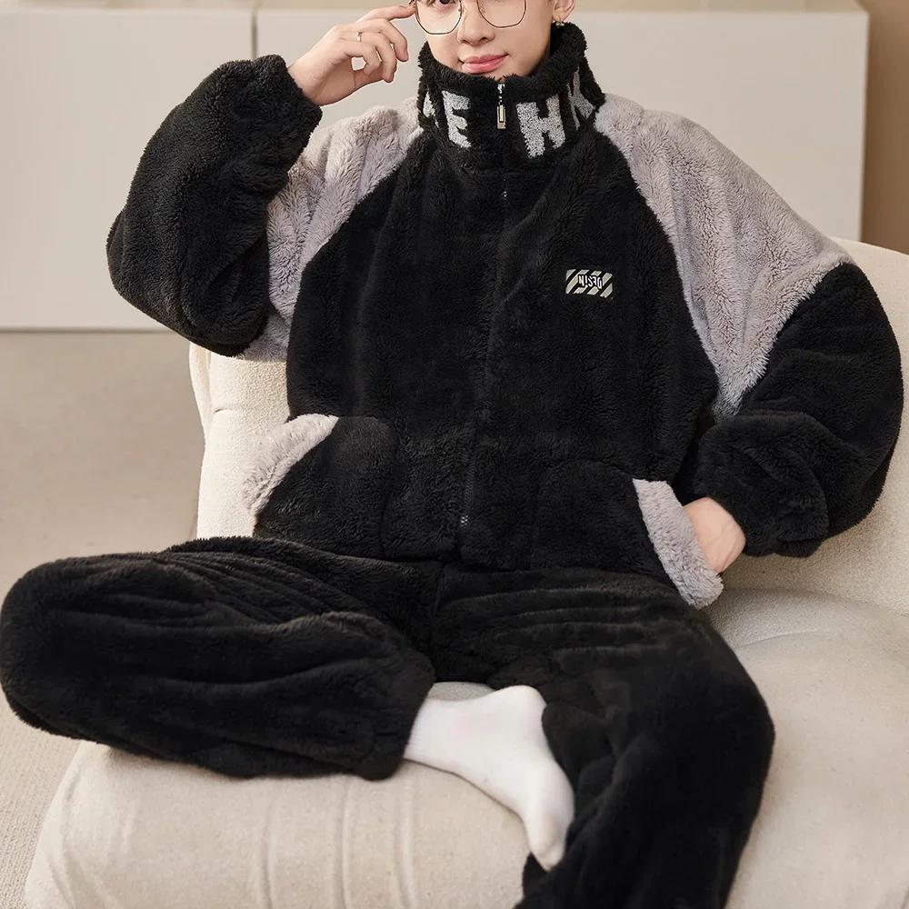 Man Winter Warm Sleepwear Pajamas Set Men Flannel Pajama Nightwear Home Clothes Velvet Coral Fleece 6XL Plus Size Pijama