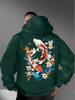 Ukiyo-e Style Auspicious Twin Koi Floral Wave Back Pattern Men Hip Hop Sports Hoodie Long Sleeve Loose Athletic Pullover