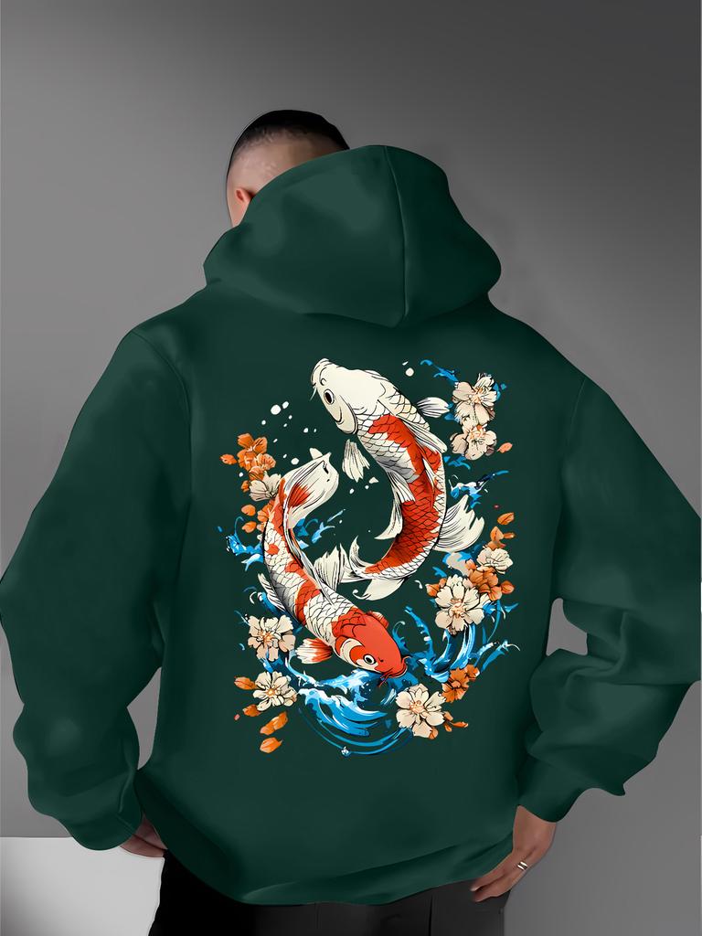 Ukiyo-e Style Auspicious Twin Koi Floral Wave Back Pattern Men Hip Hop Sports Hoodie Long Sleeve Loose Athletic Pullover