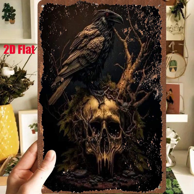D Flat pc D Flat Metal Sign The Crow And The Skull X Inches X Cm Featuring a Crow Perched Atop a Skull Entwi
