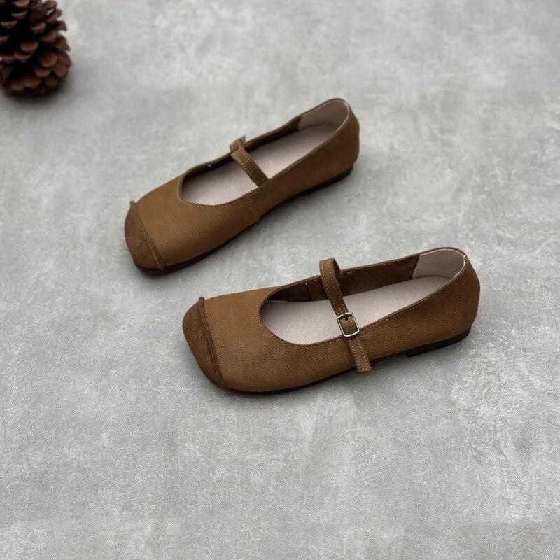 Johnature Echtes Leder quadratische Zehen Schnalle Riemen Frauen flache Schuhe handgefertigte einfarbig weiche Sohle Schuhe