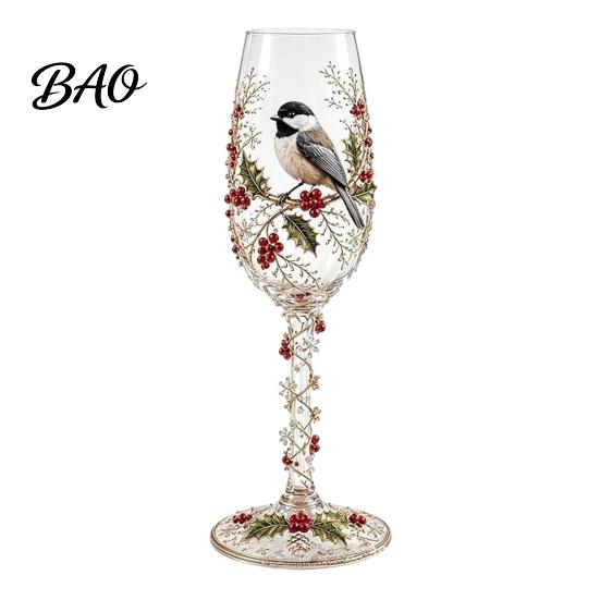 Bird Pattern Juice Glass Hand-painted Wine Glass, And Floral Design Stem Goblet, Artistic Water Goblets Crystal Borosilicate Goblet for Red